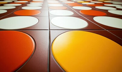 Poster - Eye-catching retro floor features geometric circles in orange, white, and brown tiles creating a vintage vibe.