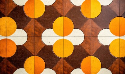 Poster - Retro tile pattern featuring yellow circles and brown diamonds creating a geometric background.