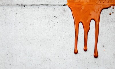 Poster - Bold orange paint drips elegantly down a textured white concrete wall, creating a modern, artistic contrast.