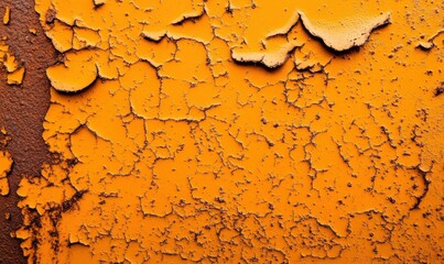 Poster - Striking image of aged orange paint peeling to reveal rust, creating a textured and abstract scene.