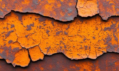 Poster - Bright orange paint peels from the rusted metal, creating a textured, abstract pattern.