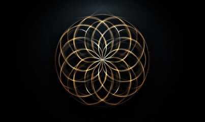 Poster - Golden circles intersect to create a captivating spherical pattern against a dark backdrop.