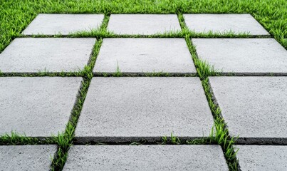 Poster - Concrete square tiles are making a pathway through a garden, with fresh green grass growing in between.