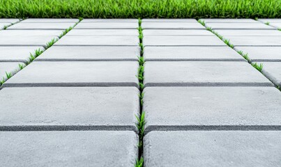 Poster - A close-up shows a stone walkway with fresh green grass growing between the paving stones.