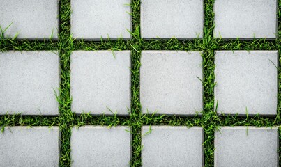 Poster - Close-up of gray concrete square tiles with fresh green grass growing in between the paving.