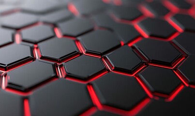 Poster - Abstract dark hexagonal tiles glowing with red light form a futuristic honeycomb pattern.