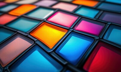 Poster - An eye-level, high-angle close-up shows vibrant glass squares in hues of blue, red, orange, pink, and purple.