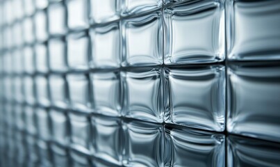 Poster - A wall made of transparent square glass bricks reflects light, creating a captivating pattern and texture.
