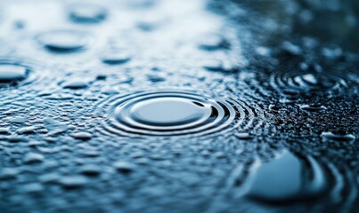 Poster - Mesmerizing concentric ripples expand outward as rain droplets impact a dark, glossy surface.
