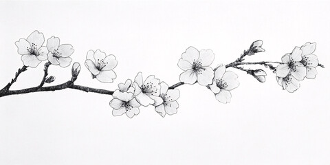 branch of blossoming sakura in black and white. design element. simple drawing in elegant style. white background. cherry blossoms