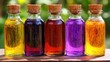 © Focusshop - Variety of colorful liquids in small glass bottles with corks displayed in a row against a green backdrop