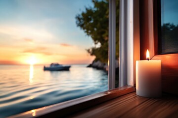 Wall Mural - Candlelit sunset view over serene lake with boat in distance