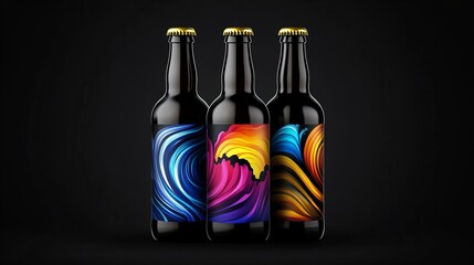 Poster - Three sleek bottles display vibrant abstract label designs against a solid black backdrop, showcasing modern product presentation.