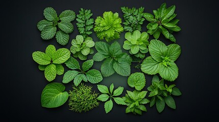 Poster - Fresh vibrant green leaves arranged on a dark background