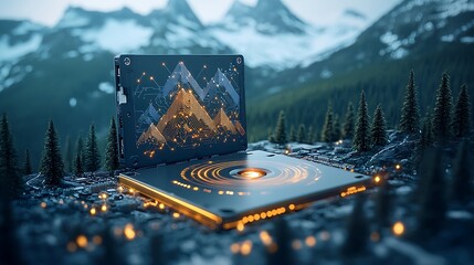 Poster - Futuristic device in a mountain landscape