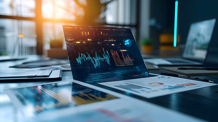 Poster - Modern Laptop Displaying Data Graphics In Office Workspace