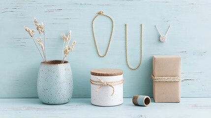 Poster - Light blue wooden surface with decorative objects