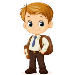 Poster - Cheerful little school boy with backpack and notebook ready for classroom adventures, little school boy illustrationisolated on transparent background