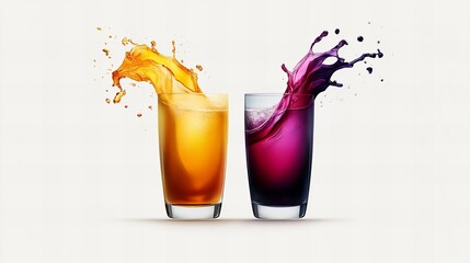 Poster - two glasses containing colorful liquids are splashing outwards against a stark white background.