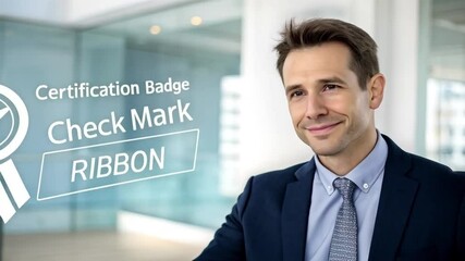 Poster - Man in suit with laptop and certification badge overlayed in a bright office environment setting