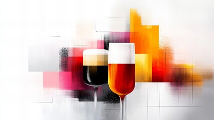 Aufkleber - two glasses of liquid stand against an abstract painted backdrop featuring squares and vibrant color