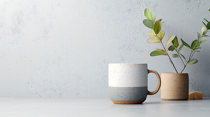Poster - Minimalist coffee cup scene with potted plant