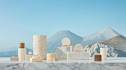 Poster - Minimalist display of natural forms against a mountainous landscape