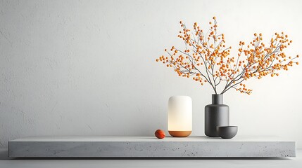 Poster - Minimalist display shelf with decorative branch and objects