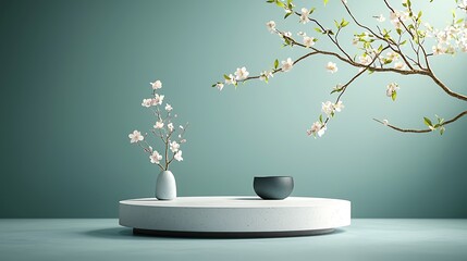 Poster - Minimalist pedestal display with cherry blossoms