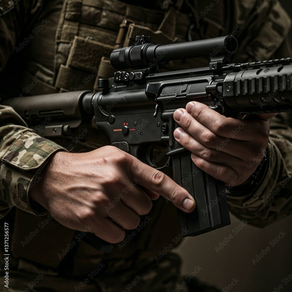 Soldier holding an assault rifle in a tactical pose Stock Illustration ...