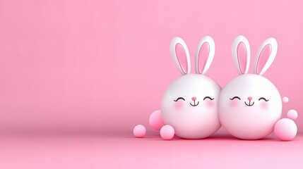 Aufkleber - Two white bunny characters are smiling against a pink studio backdrop with scattered spherical shapes.