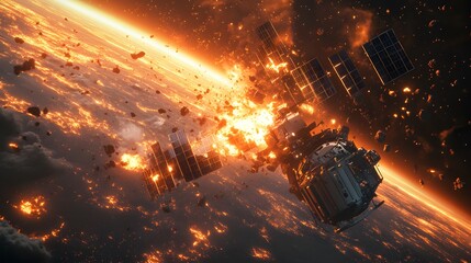 Wall Mural - a catastrophic space battle unfolds above earth, with burning debris and exploding spacecraft fillin