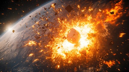 Wall Mural - a catastrophic space battle unfolds above earth, with burning debris and exploding spacecraft fillin
