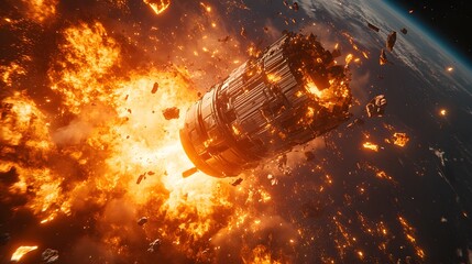 Wall Mural - a catastrophic space battle unfolds above earth, with burning debris and exploding spacecraft fillin