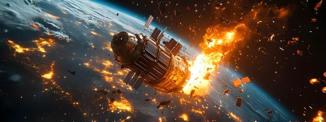Wall Mural - a catastrophic space battle unfolds above earth, with burning debris and exploding spacecraft fillin