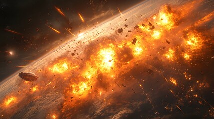 Wall Mural - a catastrophic space battle unfolds above earth, with burning debris and exploding spacecraft fillin