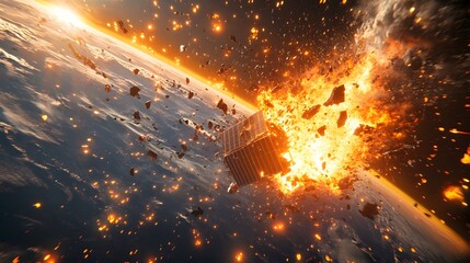 Wall Mural - a catastrophic space battle unfolds above earth, with burning debris and exploding spacecraft fillin