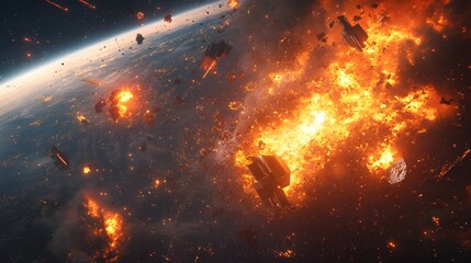 Wall Mural - a catastrophic space battle unfolds above earth, with burning debris and exploding spacecraft fillin