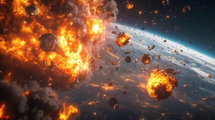 Wall Mural - a catastrophic space battle unfolds above earth, with burning debris and exploding spacecraft fillin