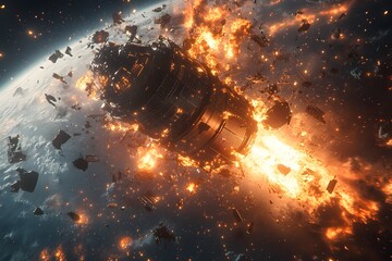 Wall Mural - a catastrophic space battle unfolds above earth, with burning debris and exploding spacecraft fillin