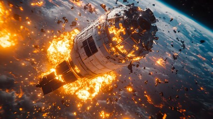 Wall Mural - a catastrophic space battle unfolds above earth, with burning debris and exploding spacecraft fillin