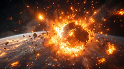 Wall Mural - a catastrophic space battle unfolds above earth, with burning debris and exploding spacecraft fillin