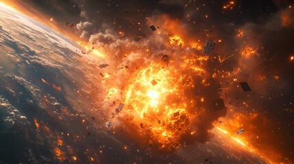 Wall Mural - a catastrophic space battle unfolds above earth, with burning debris and exploding spacecraft fillin