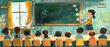 © Crevitality - illustration of class full of children listening to female teacher explaining lesson standing against chalkboard in modern classroom