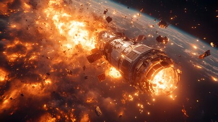 Wall Mural - a catastrophic space battle unfolds above earth, with burning debris and exploding spacecraft fillin