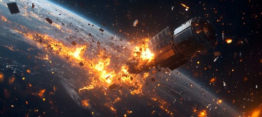 Wall Mural - a catastrophic space battle unfolds above earth, with burning debris and exploding spacecraft fillin