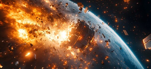Wall Mural - a catastrophic space battle unfolds above earth, with burning debris and exploding spacecraft fillin