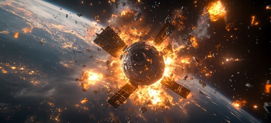 Wall Mural - a catastrophic space battle unfolds above earth, with burning debris and exploding spacecraft fillin