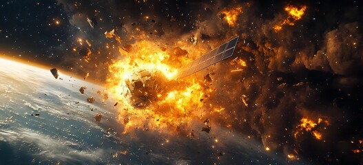 Wall Mural - a catastrophic space battle unfolds above earth, with burning debris and exploding spacecraft fillin