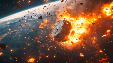 Wall Mural - a catastrophic space battle unfolds above earth, with burning debris and exploding spacecraft fillin